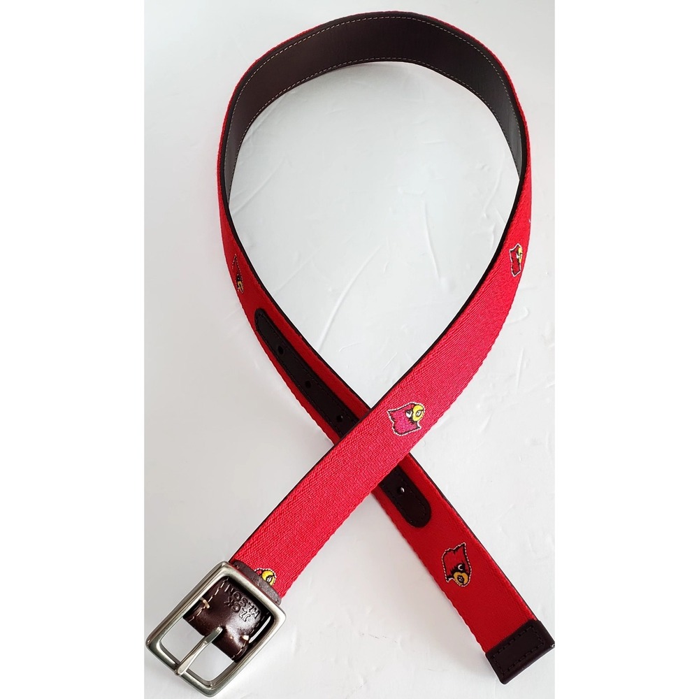 Jack Mason Reversible Belt 34 NWOT Louisville Cardinals Red Web Brown Leather
